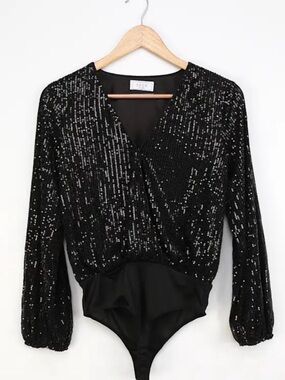 NWOT Sage The Label Black Sequin Wrap Bodysuit Top